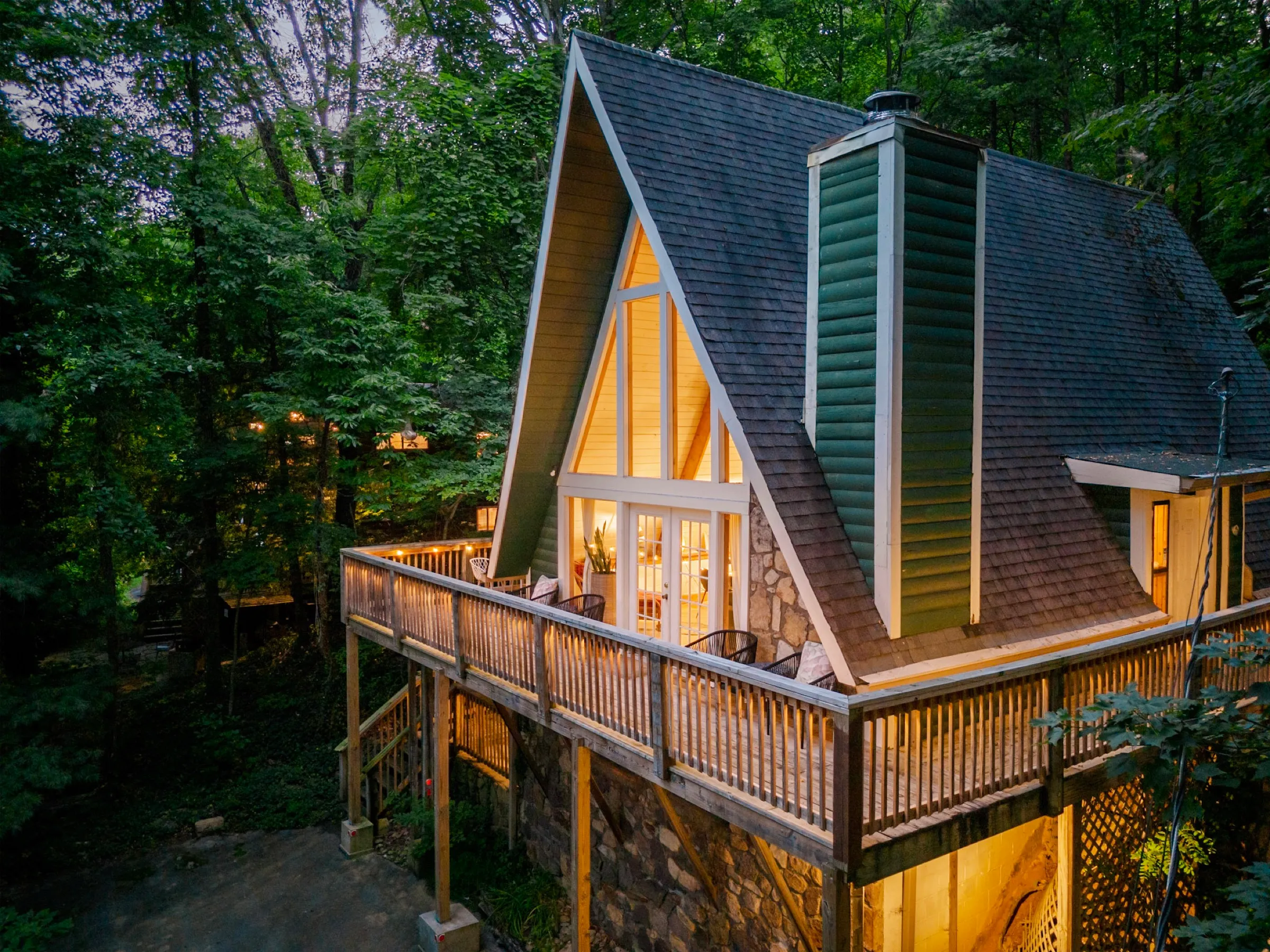 Green A-frame exterior at Little Green Cabin