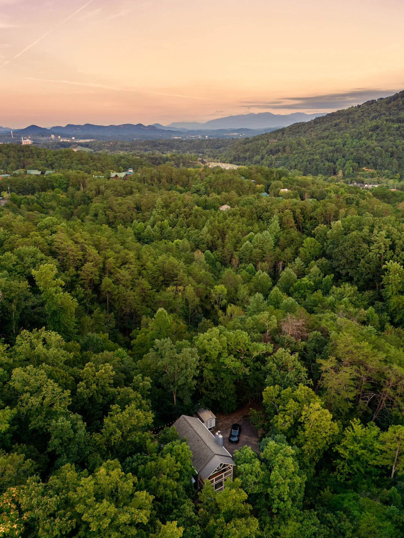Aerial approach through the trees with driveway at Hygge Blue Chalet