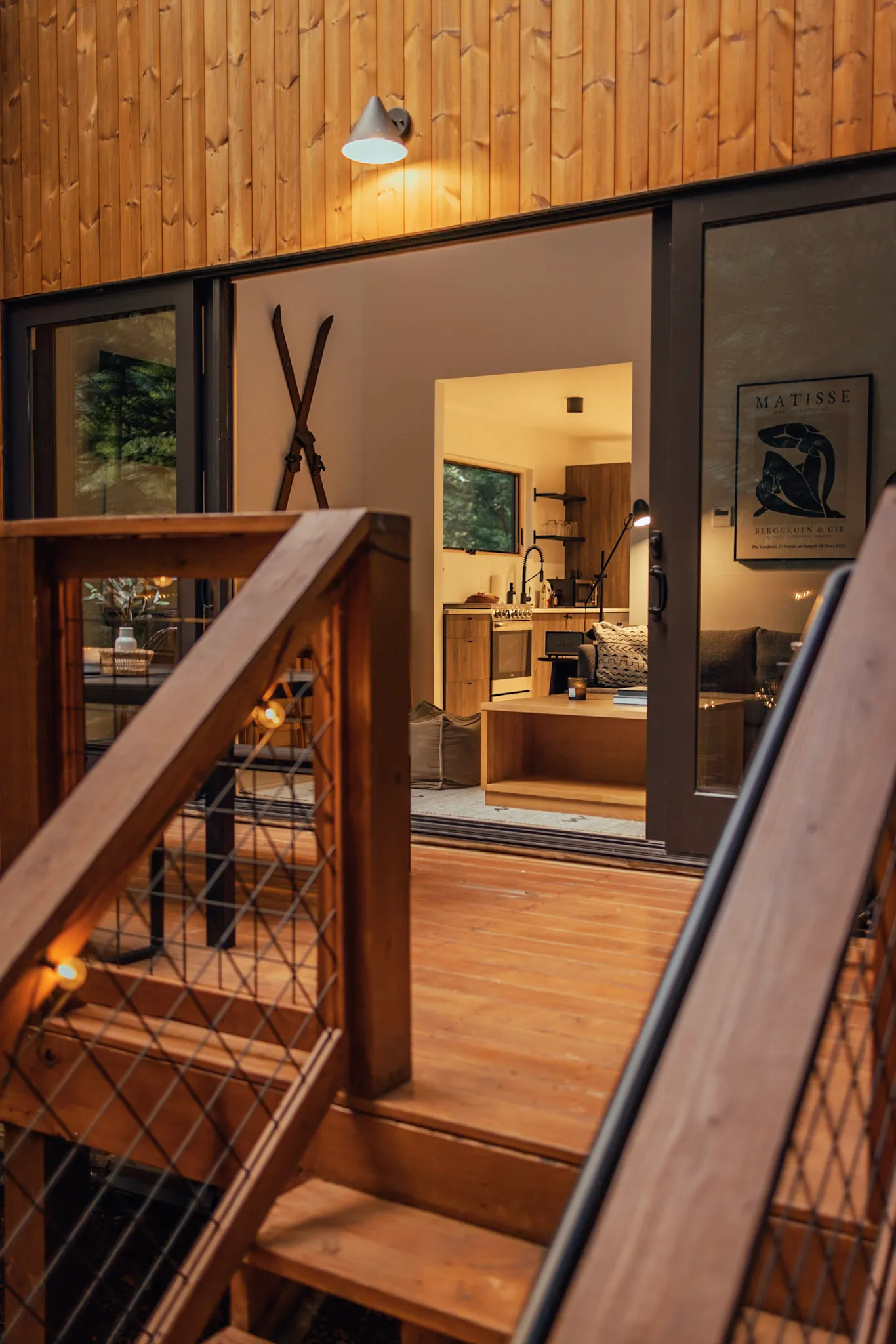 Exterior side angle of the dark wood and cedar facade at Nordic Haus