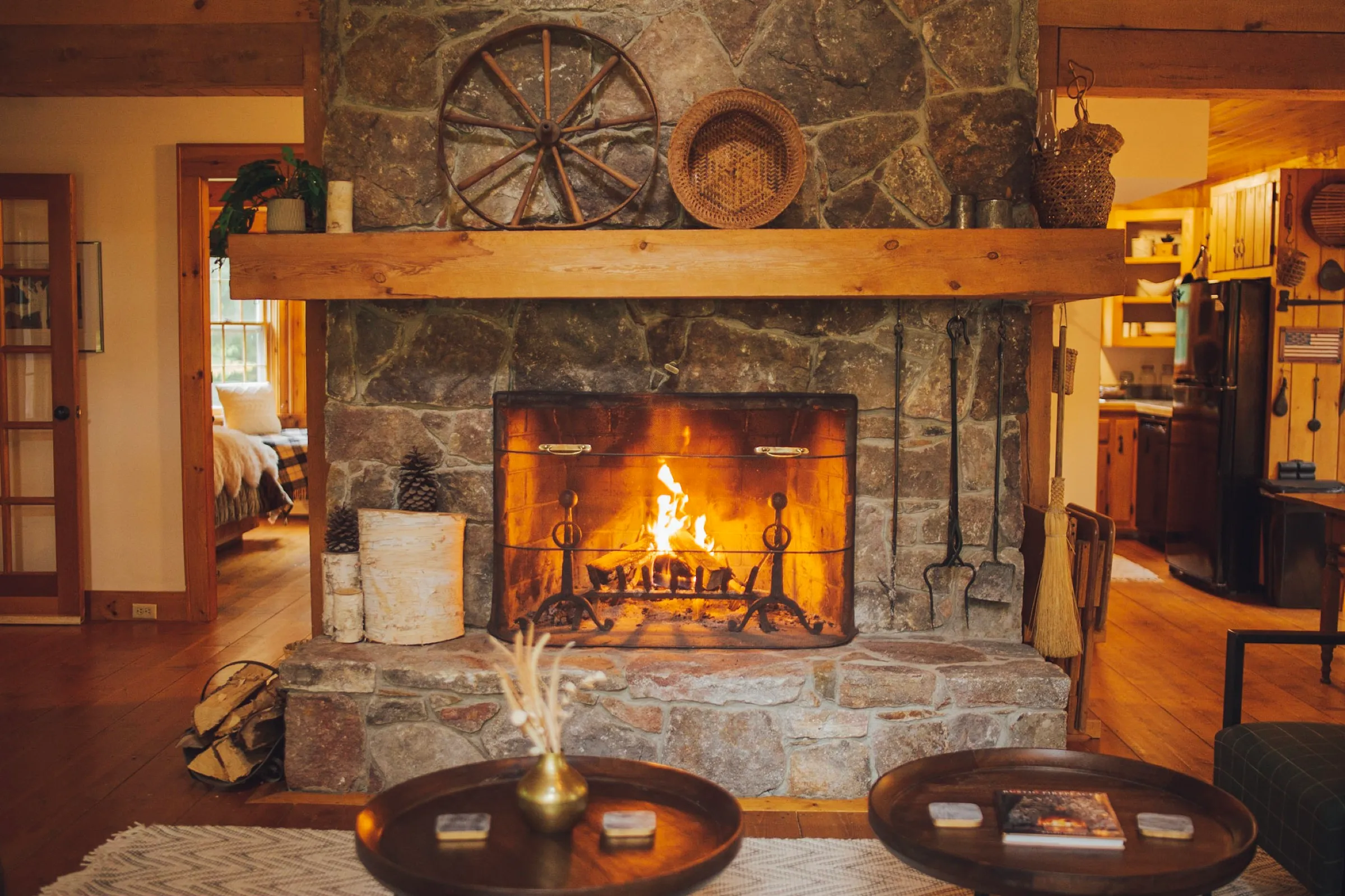 Stone fireplace living room at Deerwood Hill