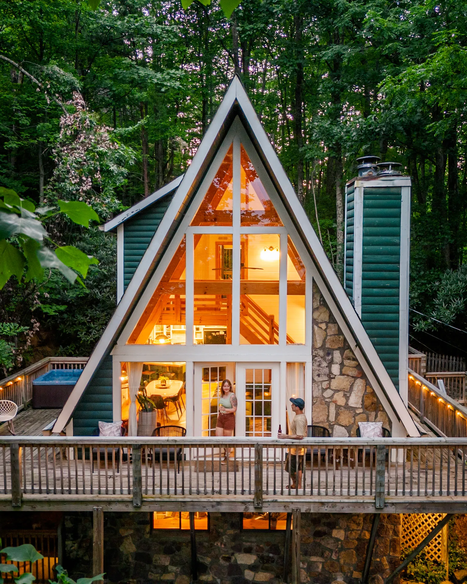 Aerial close view of the A-frame at dusk at Little Green Cabin