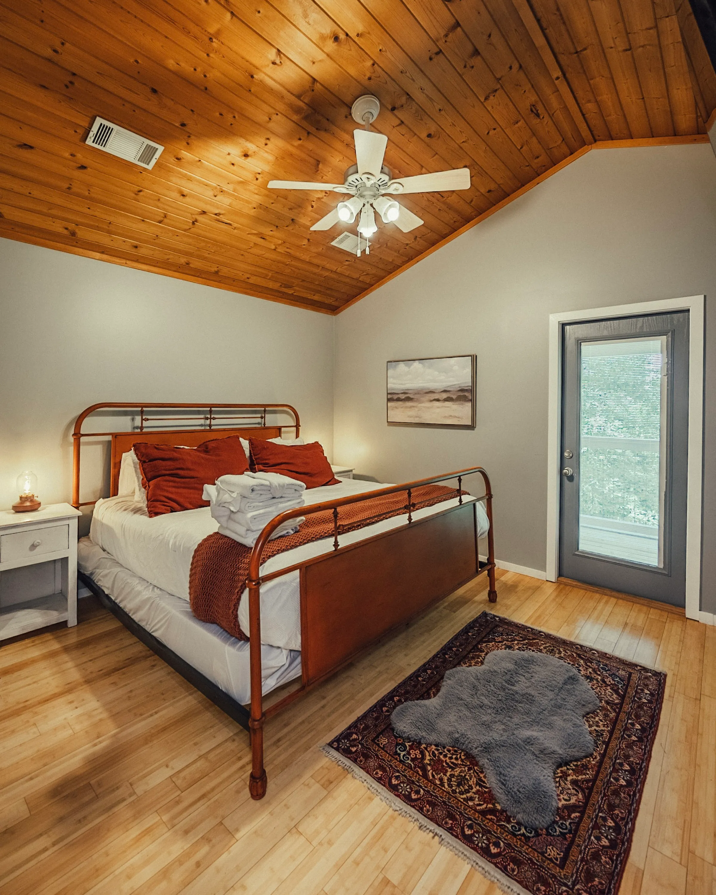 Primary bedroom at Hygge Blue Chalet