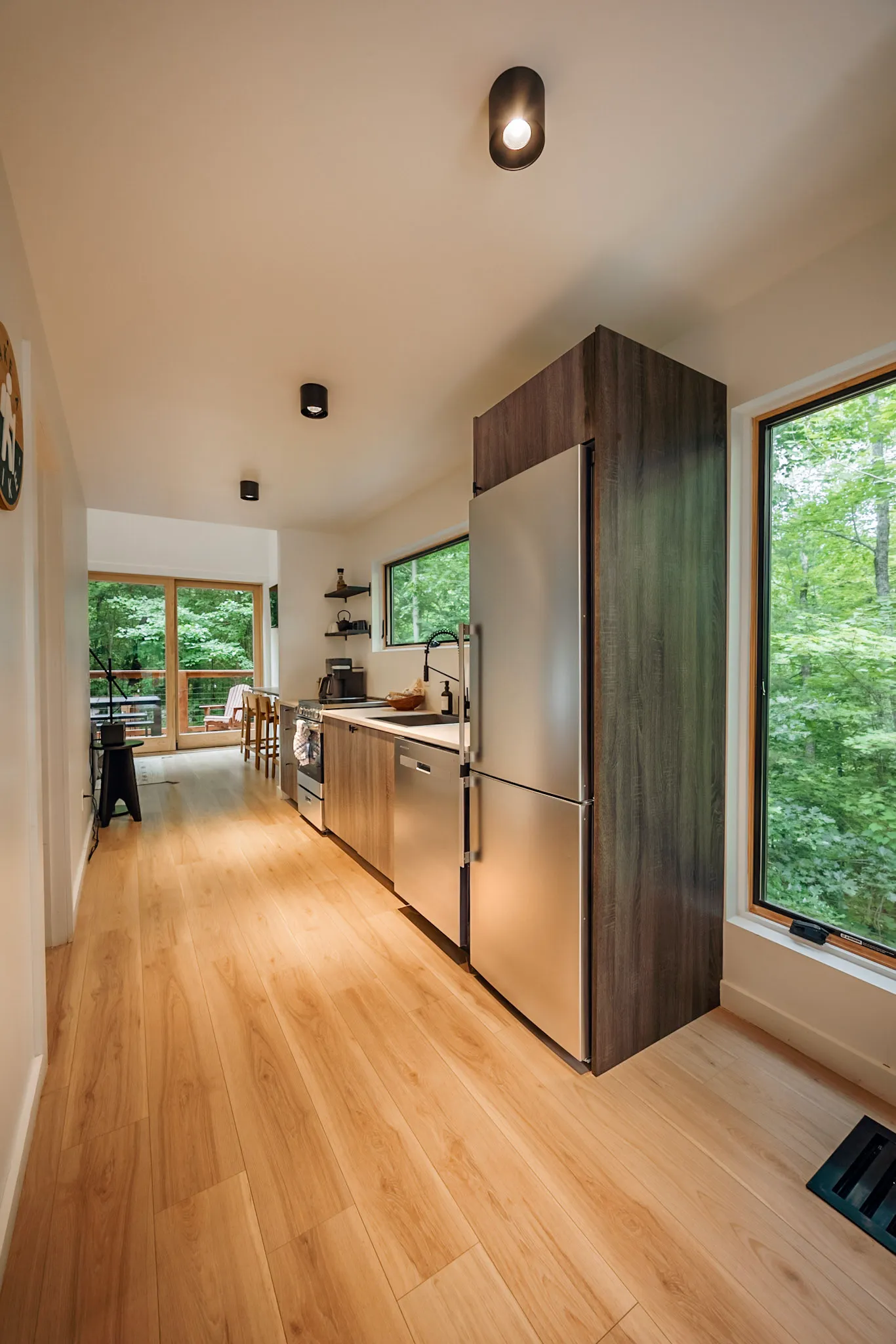 Kitchen wide view with deck beyond at Nordic Haus