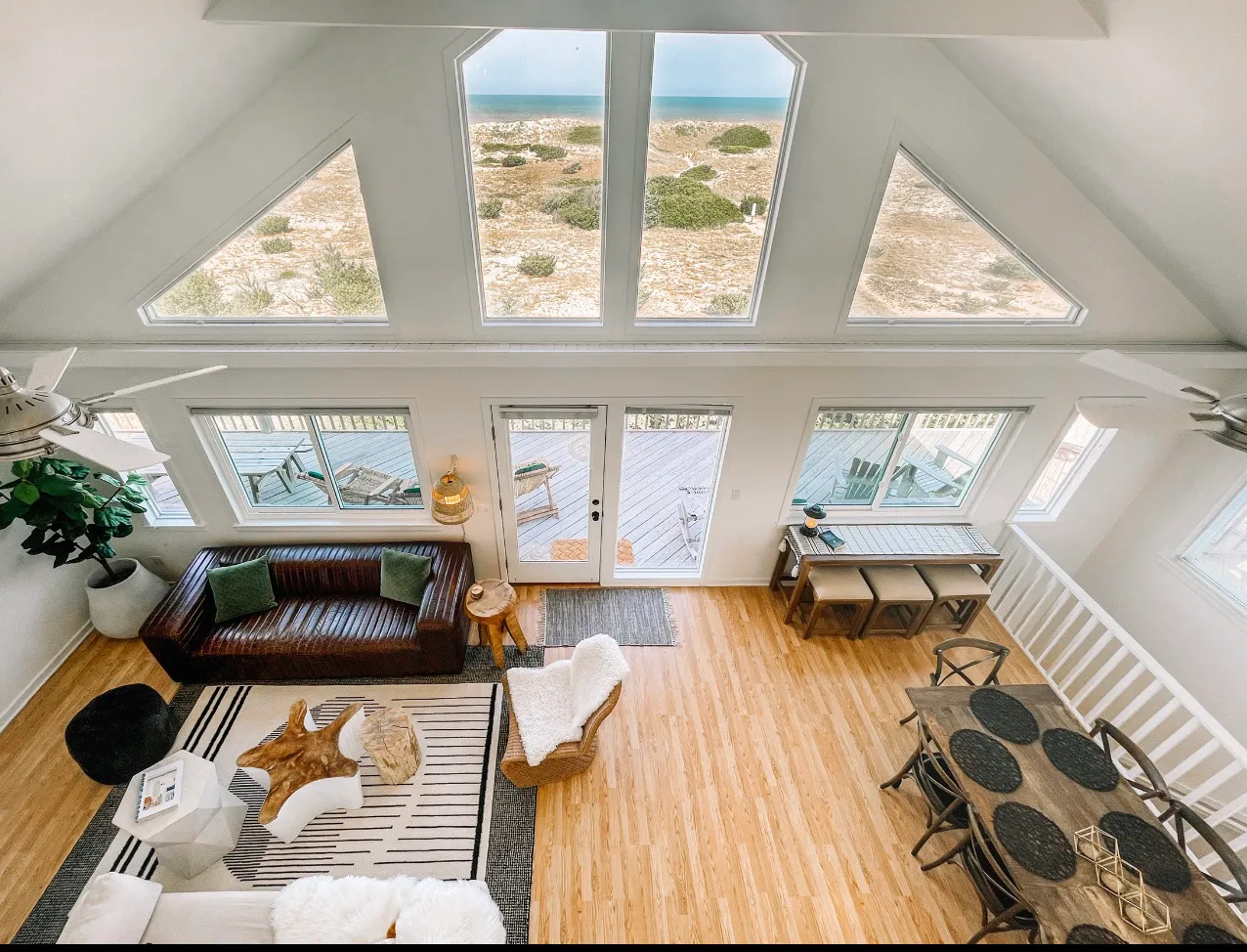 View down into the great room from the loft at Dune Haus