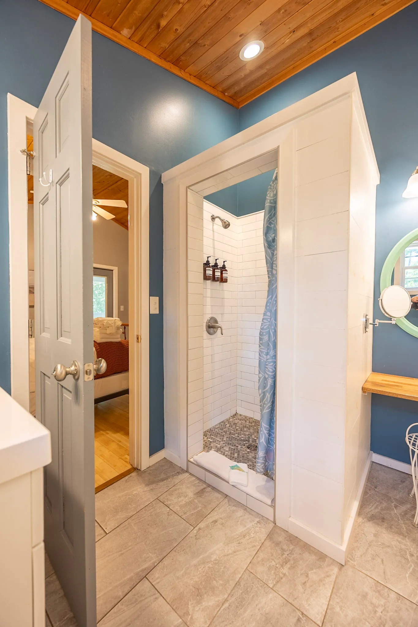 Bathroom two with walk in tiled shower at Hygge Blue Chalet