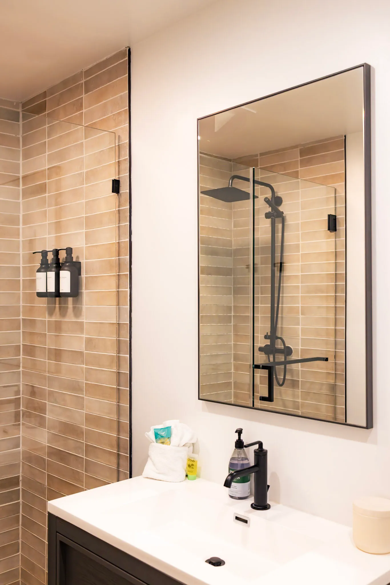 Bathroom walk in shower with mirror reflection at Nordic Haus