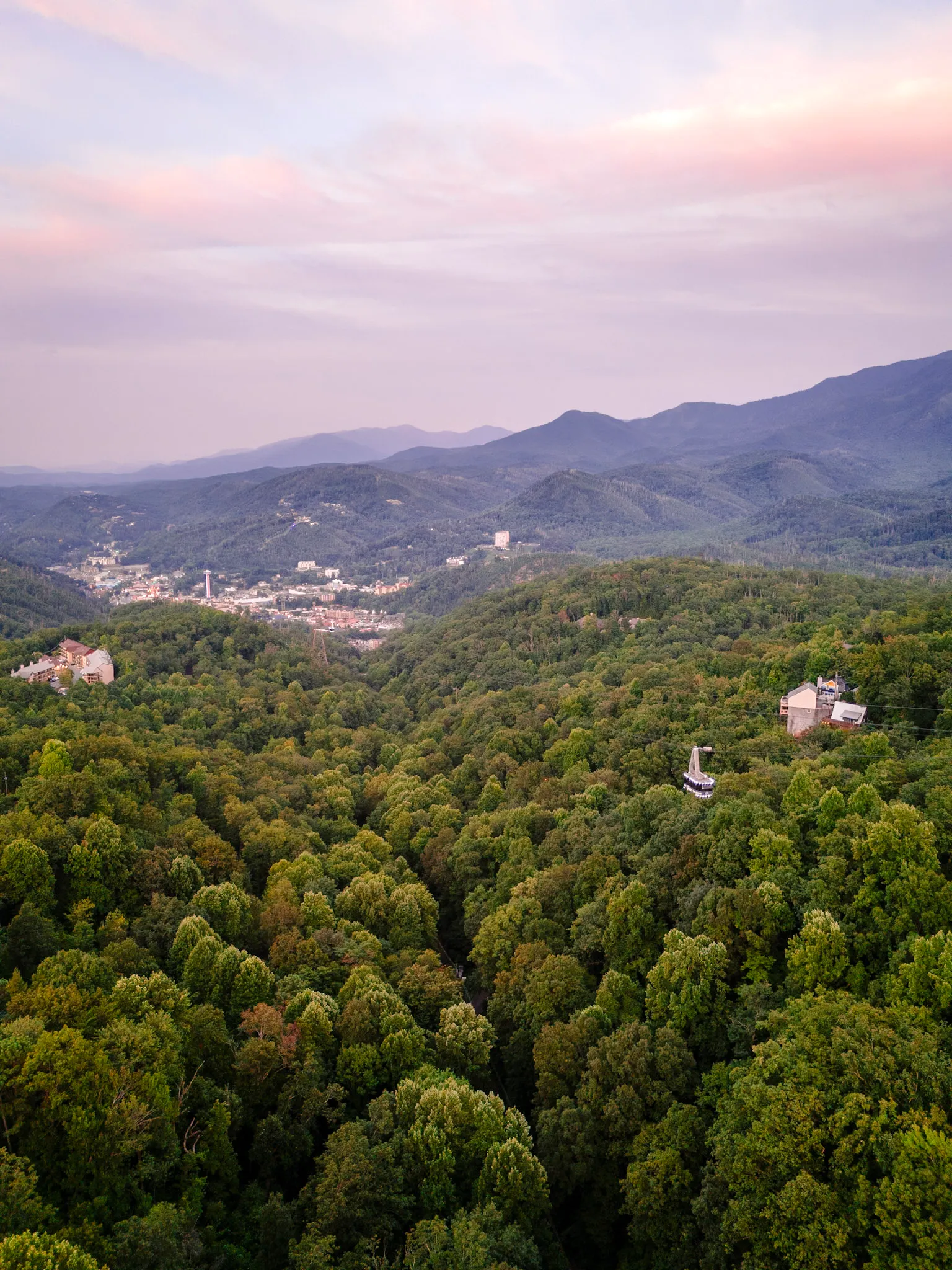 Twilight aerial of the valley below at Après Chalet
